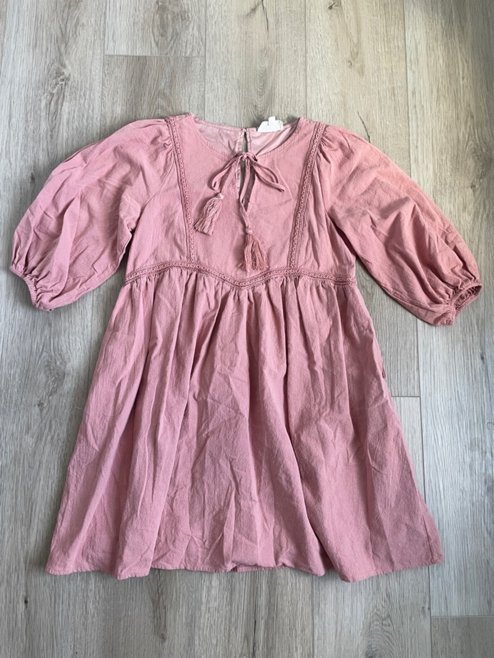 Listicle Dusty Rose Tassel Cotton Babydoll Mini Dress NWOT - Picture 2 of 6